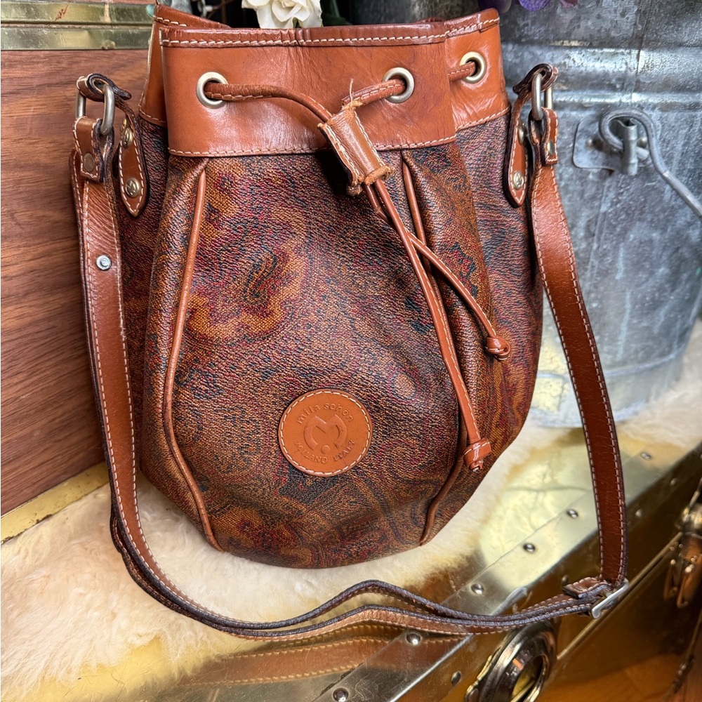 Mila Schön Milano Italy Paisley Leather Bucket Bag